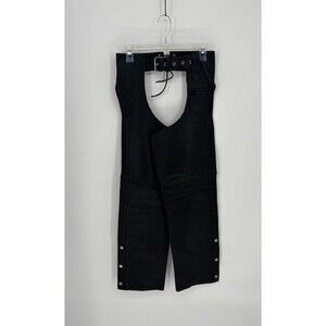 Vtg SHAF Leather Chaps Black Cutout Buckle Waist Snap Leg Pants XXS Punk Moto
